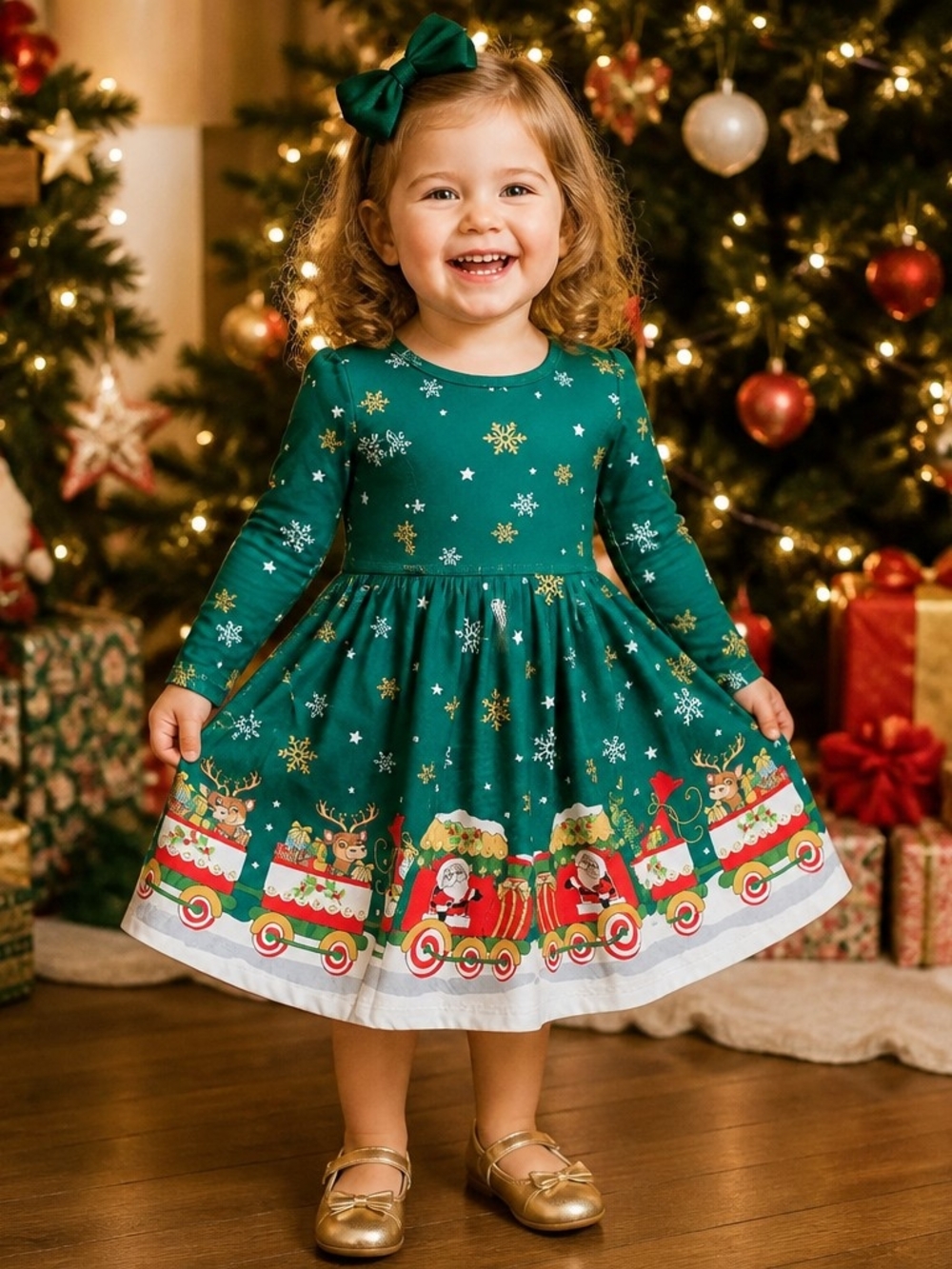 Girls' Green Holiday Train Print Long-Sleeve Dress